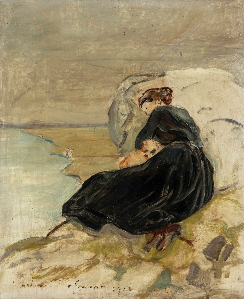 Wlastimil HOFMAN (1881-1970), Zamyślona na plaży (Ada z&nbsp;pinczerkiem), 1917 r.