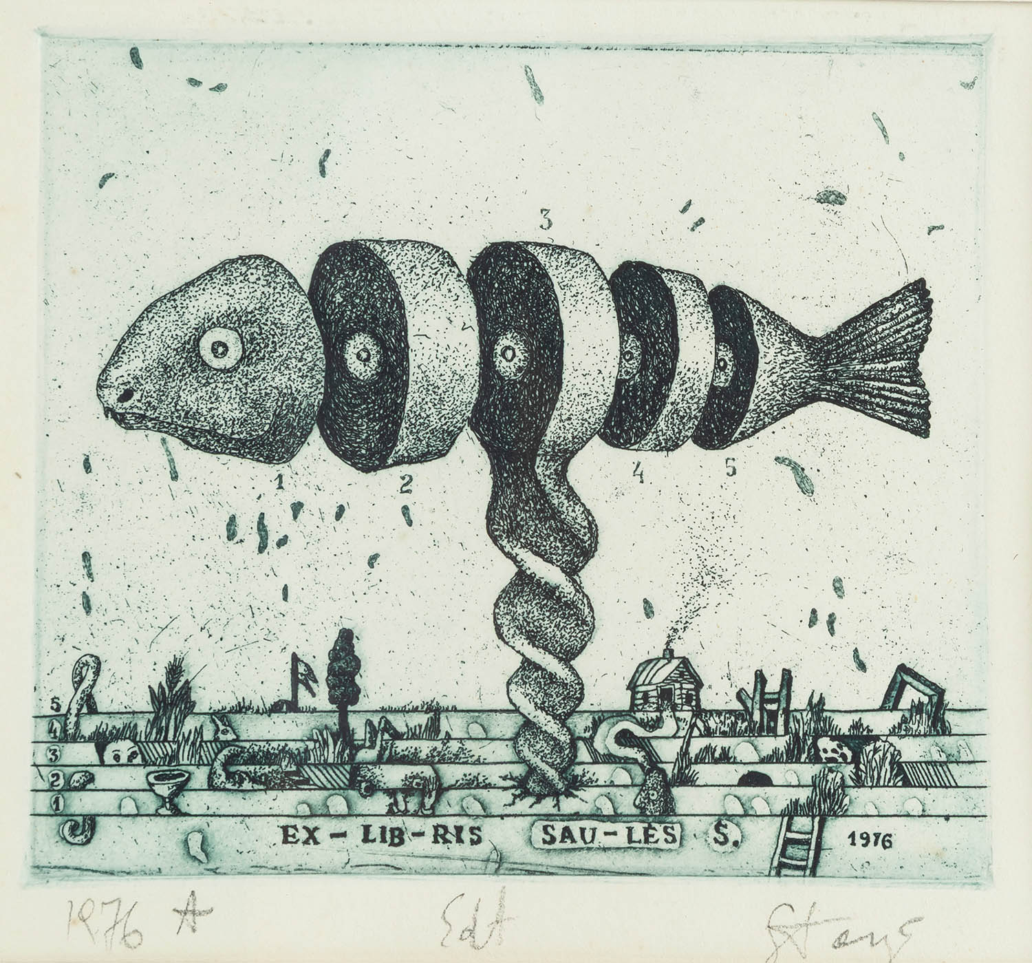 Stasys Eidrigevičius (ur. 1949, Mediniškiai/Litwa), Ex libris Suales Semeskieviciene, 1976, akwaforta, papier, 8,6 x 10,1 cm w świetle passe-partout, dat., opisany i sygn. ołówkiem u dołu: 1976 A EdA Stasys